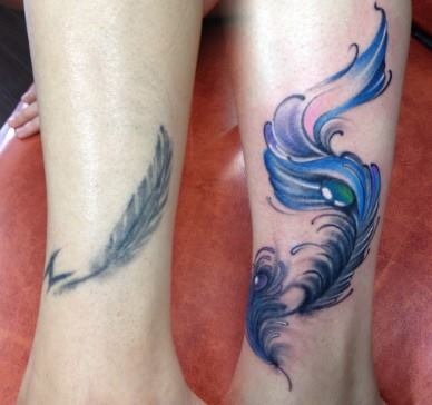 Cover up ankle feather color tattoo.  Golden Iron Tattoo Studio is located on 363 Spadina Ave Toronto ON, M5T 2G3. For inquires on booking an appointment please contact (416)-903-1624