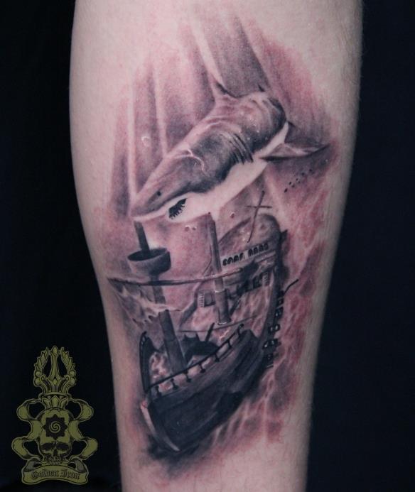 Black and grey, Shark & sunken Ship tattoo.  Golden Iron Tattoo Studio is located on 363 Spadina Ave Toronto ON, M5T 2G3. For inquires on booking an appointment please contact (416)-903-1624 during opening hours 11:00AM-7:00PM 