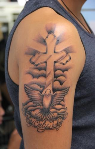 Religious Cross & Dove tattoo.