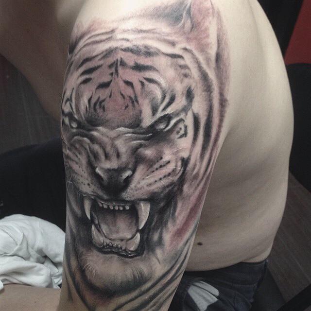 Realistic Tiger half sleeve.