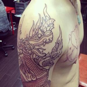 Asian Traditional Thai Dragon in progress by Cysen.  Golden Iron Tattoo Studio is located on 363 Spadina Ave Toronto ON, M5T 2G3. For inquires or to book an appointment please contact (416)-903-1624 during opening hours 11:00AM-8:00PM
