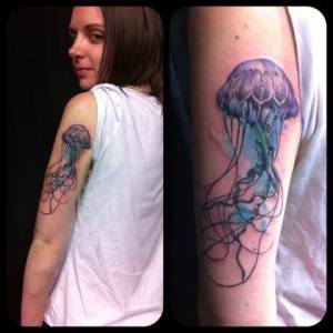 Jelly fish color tattoo.  Golden Iron Tattoo Studio is located on 363 Spadina Ave Toronto ON, M5T 2G3. For inquires on booking an appointment please contact (416)-903-1624 during opening hours 11:00AM-7:00PM