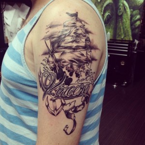 Sea Ship tattoo.  Golden Iron Tattoo Studio is located on 363 Spadina Ave Toronto ON, M5T 2G3. For inquires on booking an appointment please contact (416)-903-1624 during opening hours 11:00AM-8:00PM